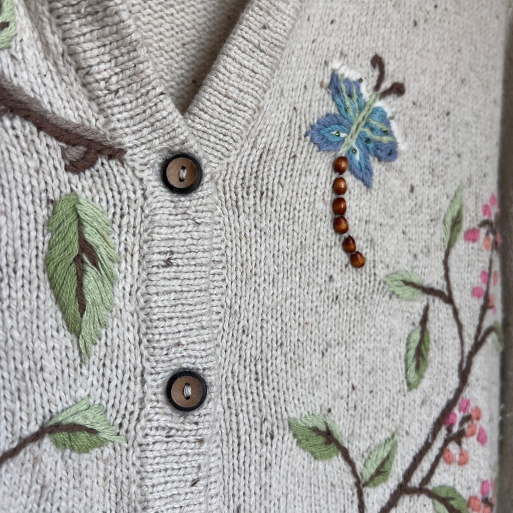 Vintage Embroidered Bird Butterfly Cardigan Beaded Oatmeal Knit Cottagecore Boho - Picture 8 of 8
